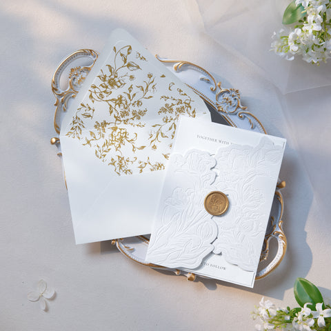 NingsPaper White Velvet Letterpress Pocket Wedding Invitation Suite