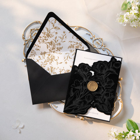 NingsPaper Black Velvet Letterpress Pocket Wedding Invitation Suite