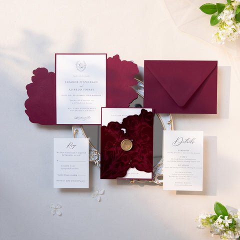 NingsPaper Burgundy Velvet Letterpress Pocket Wedding Invitation Suite