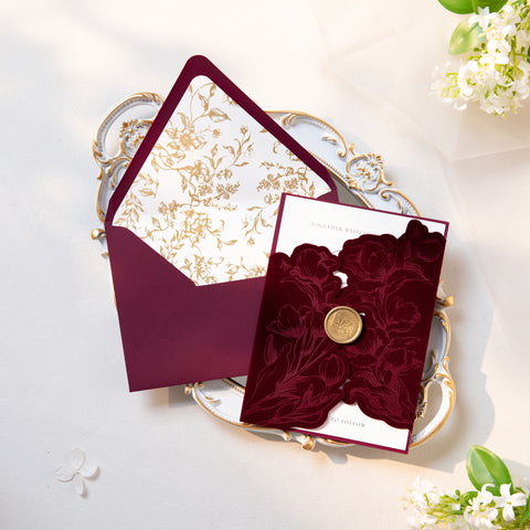 NingsPaper Burgundy Velvet Letterpress Pocket Wedding Invitation Suite