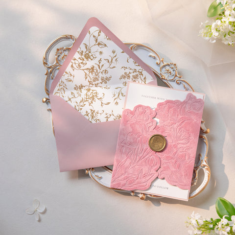 NingsPaper Dusty Rose Velvet Letterpress Pocket Wedding Invitation Suite
