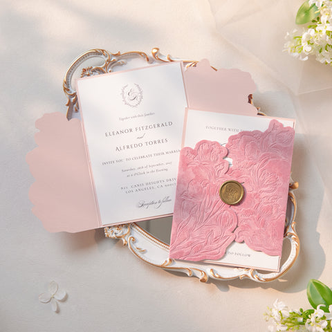 NingsPaper Dusty Rose Velvet Letterpress Pocket Wedding Invitation Suite