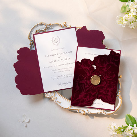 NingsPaper Burgundy Velvet Letterpress Pocket Wedding Invitation Suite
