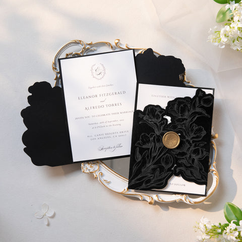 NingsPaper Black Velvet Letterpress Pocket Wedding Invitation Suite