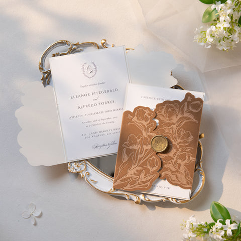 NingsPaper Brown Velvet Letterpress Pocket Wedding Invitation Suite