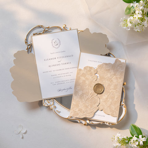 NingsPaper Champagne Velvet Letterpress Pocket Wedding Invitation Suite