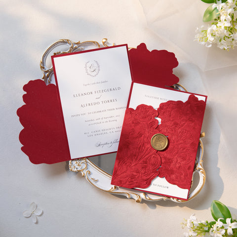 NingsPaper Red Velvet Letterpress Pocket Wedding Invitation Suite