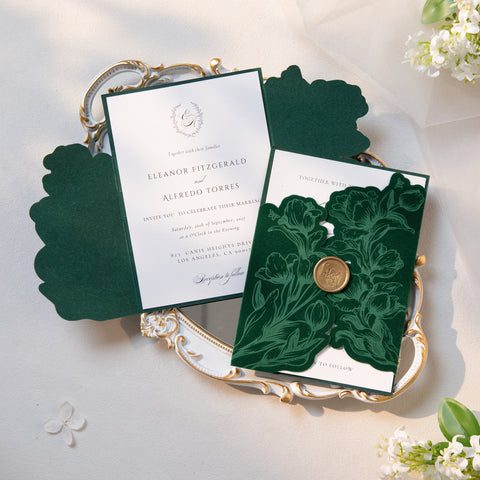 NingsPaper Emerald Green Velvet Letterpress Pocket Wedding Invitation Suite
