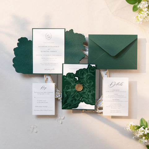 NingsPaper Emerald Green Velvet Letterpress Pocket Wedding Invitation Suite