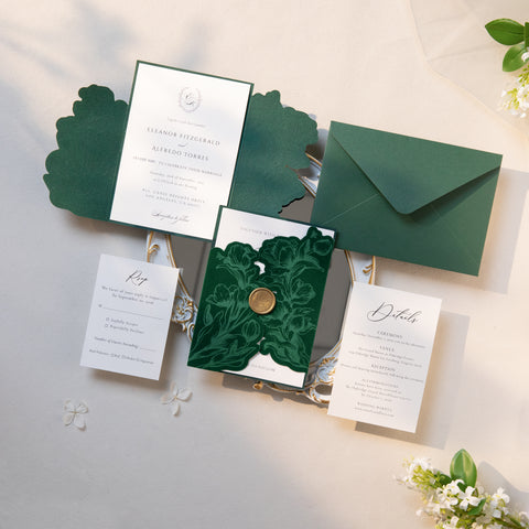 NingsPaper Emerald Green Velvet Letterpress Pocket Wedding Invitation Suite