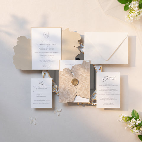 NingsPaper Champagne Velvet Letterpress Pocket Wedding Invitation Suite