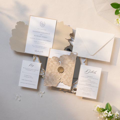 NingsPaper Champagne Velvet Letterpress Pocket Wedding Invitation Suite