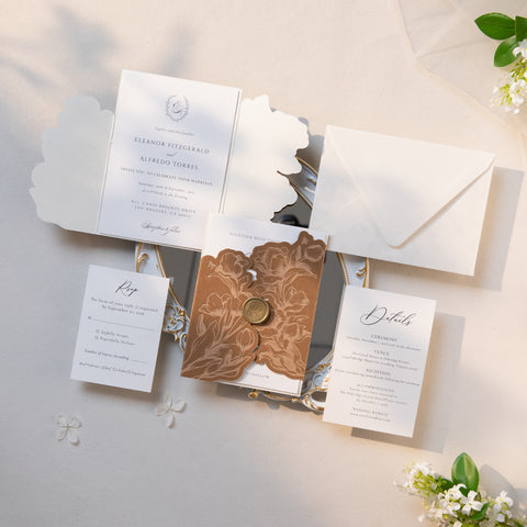 NingsPaper Brown Velvet Letterpress Pocket Wedding Invitation Suite