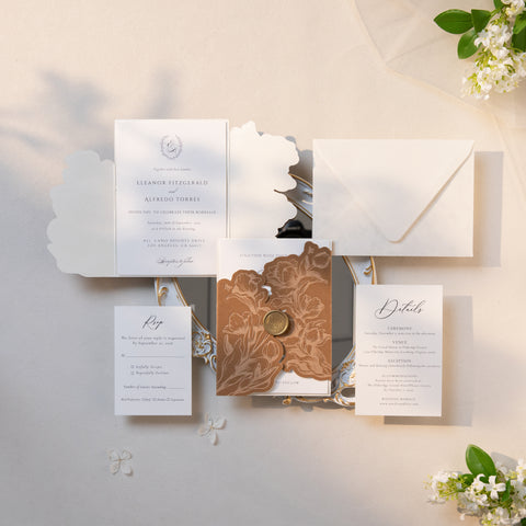 NingsPaper Brown Velvet Letterpress Pocket Wedding Invitation Suite