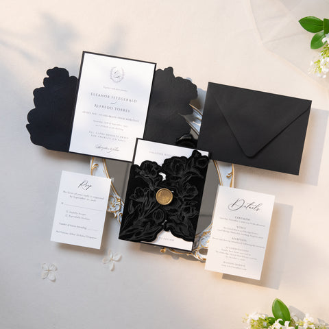 NingsPaper Black Velvet Letterpress Pocket Wedding Invitation Suite