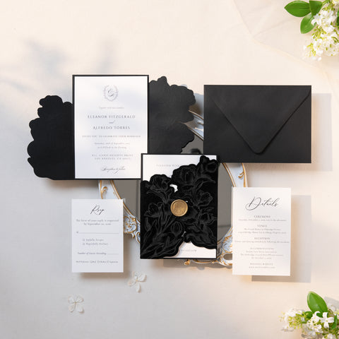 NingsPaper Black Velvet Letterpress Pocket Wedding Invitation Suite