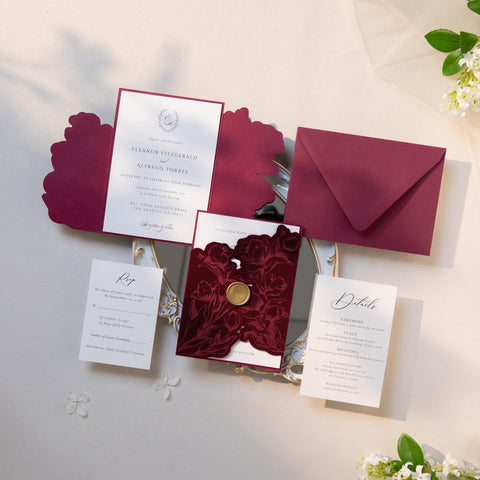 NingsPaper Burgundy Velvet Letterpress Pocket Wedding Invitation Suite