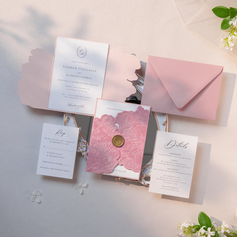 NingsPaper Dusty Rose Velvet Letterpress Pocket Wedding Invitation Suite