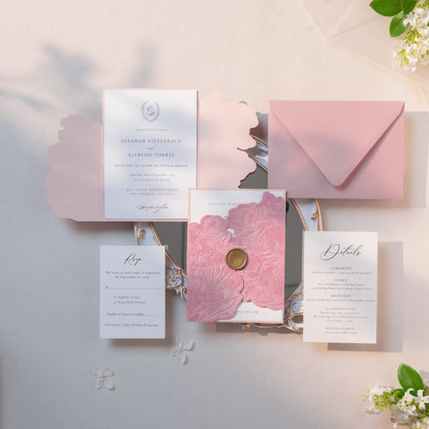NingsPaper Dusty Rose Velvet Letterpress Pocket Wedding Invitation Suite