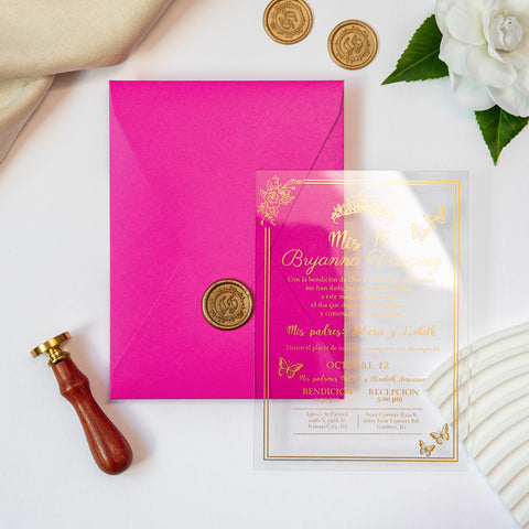 NingsPaper 1mm/0.04'' Foil Print in Gold Clear Acrylic  Quinceanera Invitation Cards  and Fuchsia Envelopes