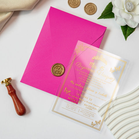 NingsPaper 1mm/0.04'' Foil Print in Gold Clear Acrylic  Quinceanera Invitation Cards  and Fuchsia Envelopes
