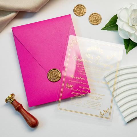NingsPaper 1mm/0.04'' Foil Print in Gold Clear Acrylic  Quinceanera Invitation Cards  and Fuchsia Envelopes