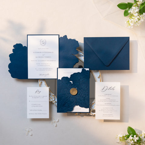 NingsPaper Navy Blue Shiny Letterpress Pocket Wedding Invitation Suite