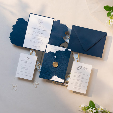 NingsPaper Navy Blue Shiny Letterpress Pocket Wedding Invitation Suite