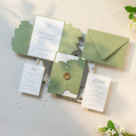 NingsPaper Sage Green Letterpress Pocket Wedding Invitation Suite