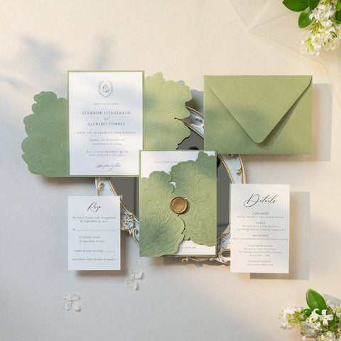 NingsPaper Sage Green Letterpress Pocket Wedding Invitation Suite