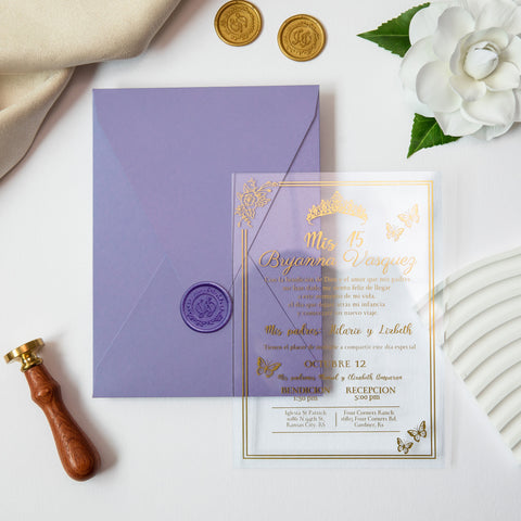 NingsPaper 1mm/0.04'' Foil Print in Gold Clear Acrylic  Quinceanera Invitation Cards  and Lilac Envelopes
