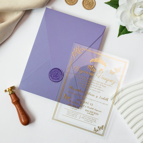 NingsPaper 1mm/0.04'' Foil Print in Gold Clear Acrylic  Quinceanera Invitation Cards  and Lilac Envelopes