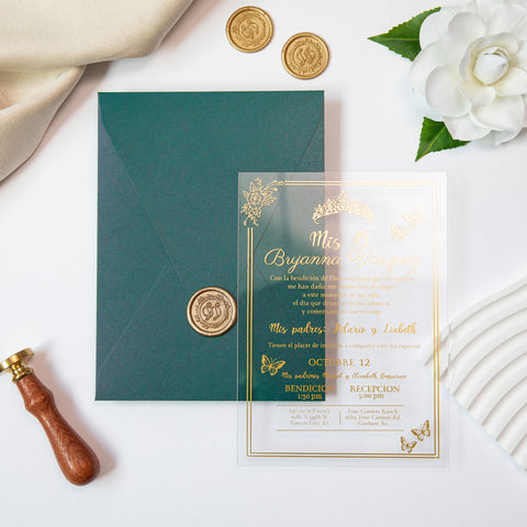 NingsPaper 1mm/0.04'' Foil Print in Gold Clear Acrylic  Quinceanera Invitation Cards  and Emerald Green Envelopes