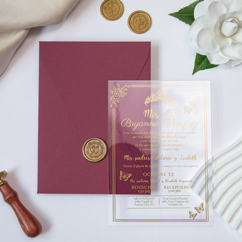NingsPaper 1mm/0.04'' Foil Print in Gold Clear Acrylic  Quinceanera Invitation Cards  and Burgundy Envelopes