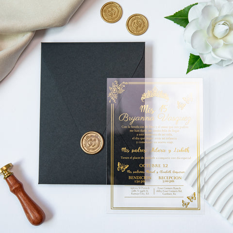 NingsPaper 1mm/0.04'' Foil Print in Gold Clear Acrylic  Quinceanera Invitation Cards  and Black Envelopes