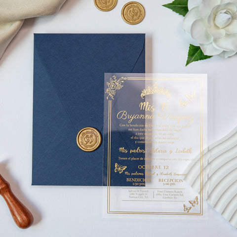 NingsPaper 1mm/0.04'' Foil Print in Gold Clear Acrylic  Quinceanera Invitation Cards  and Navy Blue Envelopes