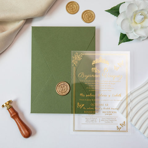 NingsPaper 1mm/0.04'' Foil Print in Gold Clear Acrylic  Quinceanera Invitation Cards  and Olive Green Envelopes