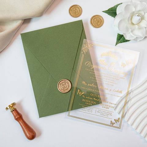NingsPaper 1mm/0.04'' Foil Print in Gold Clear Acrylic  Quinceanera Invitation Cards  and Olive Green Envelopes