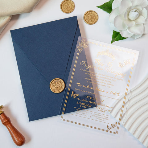 NingsPaper 1mm/0.04'' Foil Print in Gold Clear Acrylic  Quinceanera Invitation Cards  and Navy Blue Envelopes