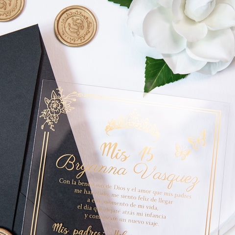 NingsPaper 1mm/0.04'' Foil Print in Gold Clear Acrylic  Quinceanera Invitation Cards  and Black Envelopes