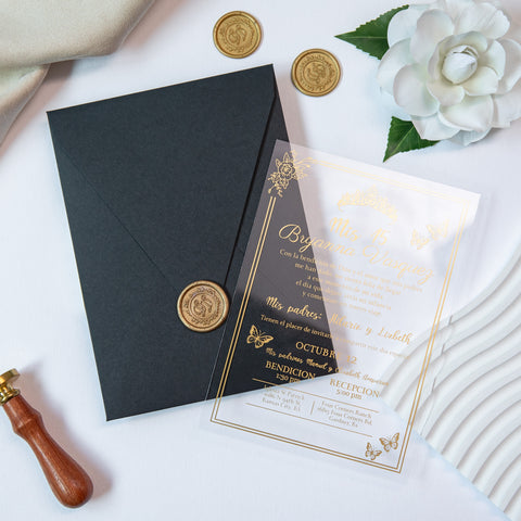 NingsPaper 1mm/0.04'' Foil Print in Gold Clear Acrylic  Quinceanera Invitation Cards  and Black Envelopes