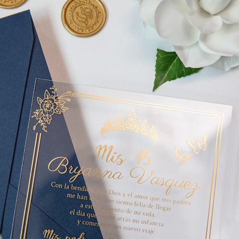 NingsPaper 1mm/0.04'' Foil Print in Gold Clear Acrylic  Quinceanera Invitation Cards  and Navy Blue Envelopes