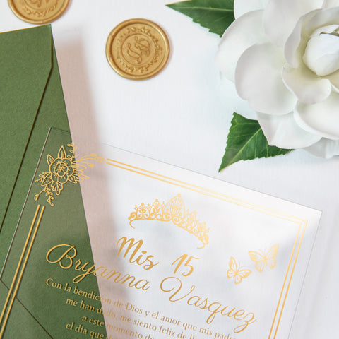 NingsPaper 1mm/0.04'' Foil Print in Gold Clear Acrylic  Quinceanera Invitation Cards  and Olive Green Envelopes