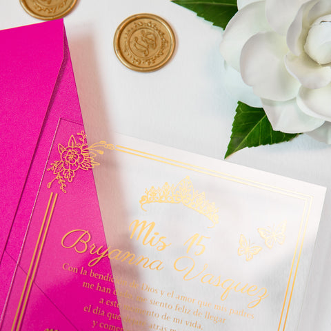 NingsPaper 1mm/0.04'' Foil Print in Gold Clear Acrylic  Quinceanera Invitation Cards  and Fuchsia Envelopes