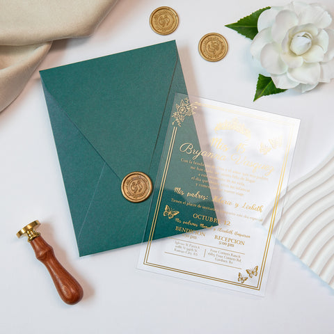 NingsPaper 1mm/0.04'' Foil Print in Gold Clear Acrylic  Quinceanera Invitation Cards  and Emerald Green Envelopes