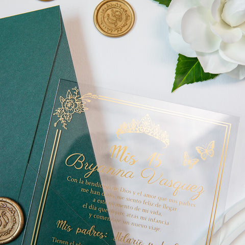 NingsPaper 1mm/0.04'' Foil Print in Gold Clear Acrylic  Quinceanera Invitation Cards  and Emerald Green Envelopes