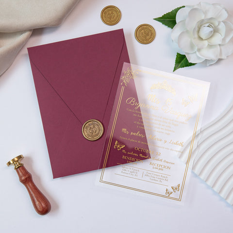 NingsPaper 1mm/0.04'' Foil Print in Gold Clear Acrylic  Quinceanera Invitation Cards  and Burgundy Envelopes