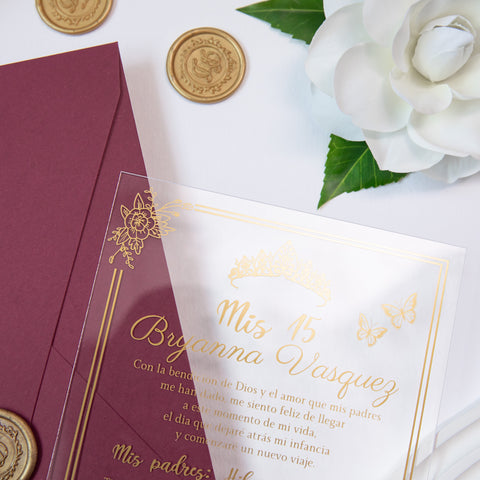 NingsPaper 1mm/0.04'' Foil Print in Gold Clear Acrylic  Quinceanera Invitation Cards  and Burgundy Envelopes