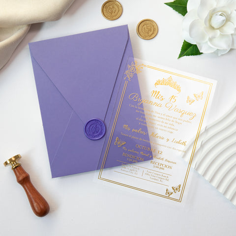 NingsPaper 1mm/0.04'' Foil Print in Gold Clear Acrylic  Quinceanera Invitation Cards  and Lilac Envelopes