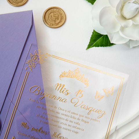 NingsPaper 1mm/0.04'' Foil Print in Gold Clear Acrylic  Quinceanera Invitation Cards  and Lilac Envelopes